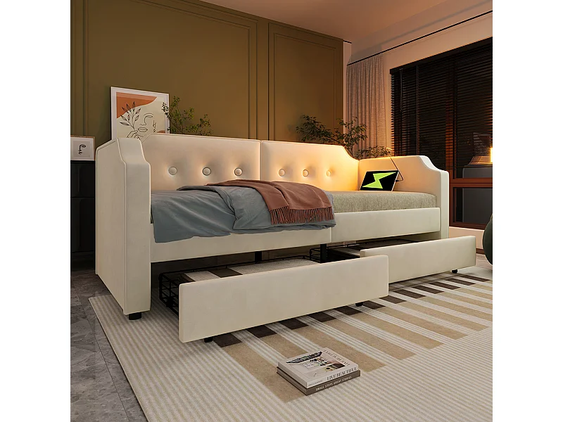 Lit enfant 90x200 cm Lit banquette avec liseuse USB Type-C et 2 tiroirs de rangement avec sommier à lattes en bois sans matelas Velvet Beige