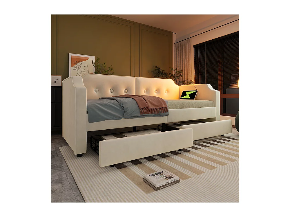Lit enfant 90x200 cm Lit banquette avec liseuse USB Type-C et 2 tiroirs de rangement avec sommier à lattes en bois sans matelas Velvet Beige