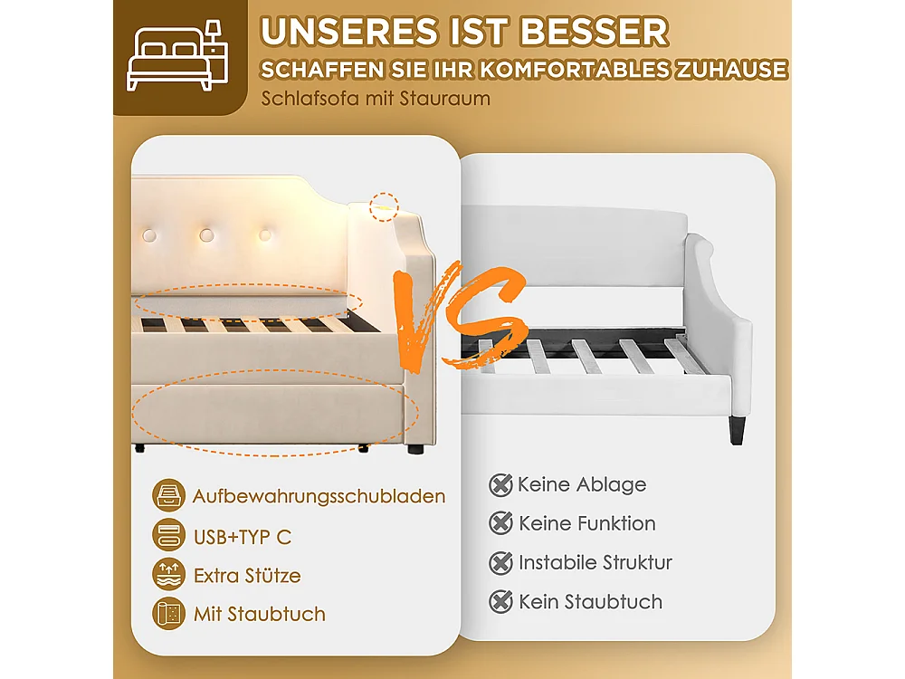 Lit enfant 90x200 cm Lit banquette avec liseuse USB Type-C et 2 tiroirs de rangement avec sommier à lattes en bois sans matelas Velvet Beige