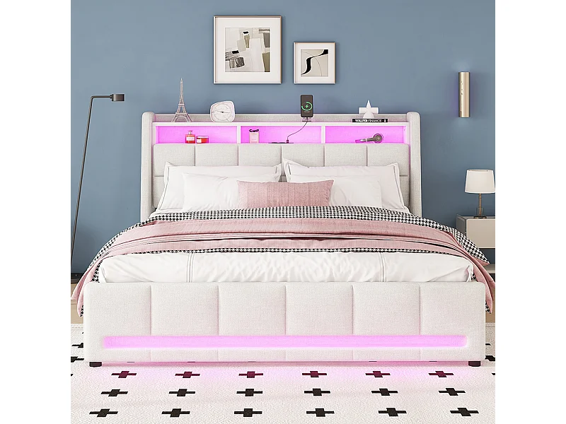Lit avec rangements 140 x 200 cm Sans matelas Eclairage d'ambiance avec télécommande Tiroirs avec USB Rangement intégré Linge de maison Beige
