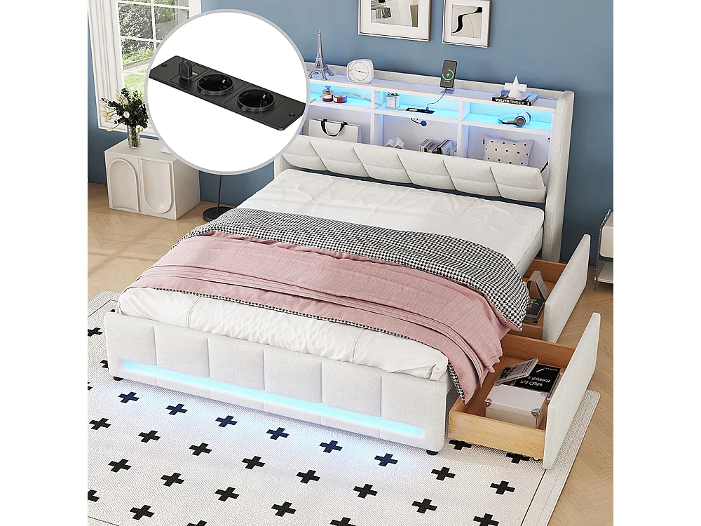 Lit avec rangements 140 x 200 cm Sans matelas Eclairage d'ambiance avec télécommande Tiroirs avec USB Rangement intégré Linge de maison Beige