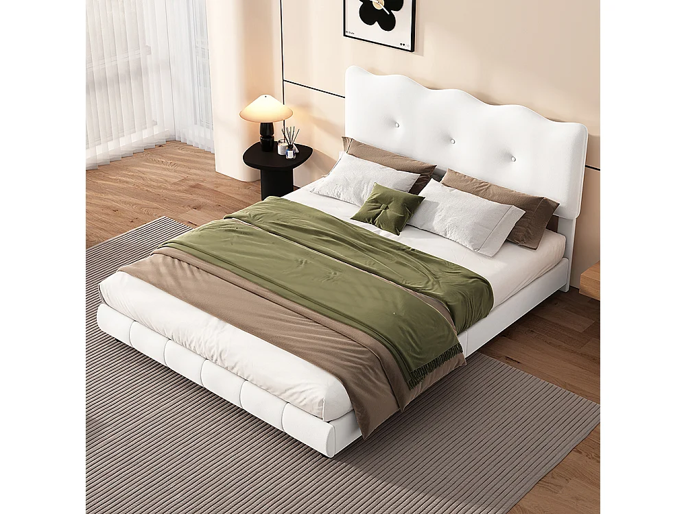 Lit Adulte 140 x 200 cm avec vagues et nuages Tête de lit réglable Sans matelas Velours Blanc