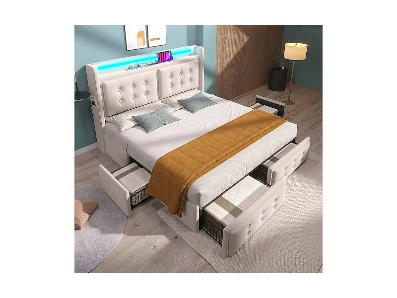 Lit avec rangements 160x200 avec tête de lit LED et fonction de recharge USB C et 4 tiroirs sans matelas Coton Beige