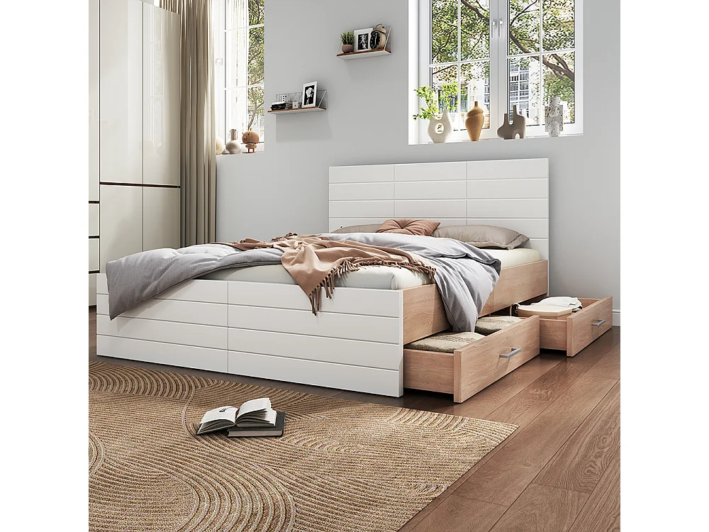 Lit avec rangement 160 x 200 cm avec 2 tiroirs cadre et sommier à lattes Sans matelas Blanc
