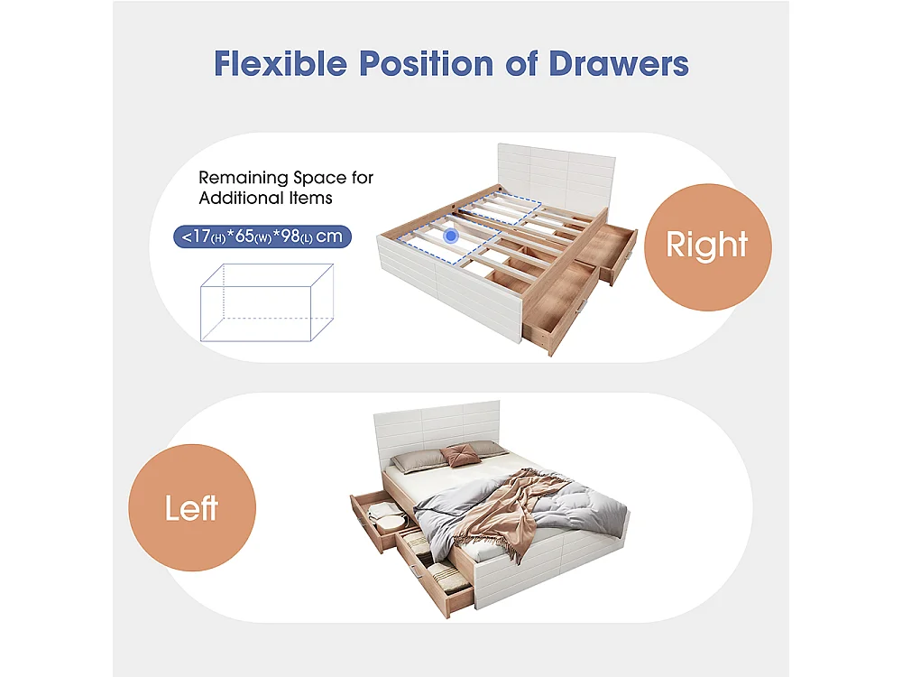 Lit avec rangement 160 x 200 cm avec 2 tiroirs cadre et sommier à lattes Sans matelas Blanc