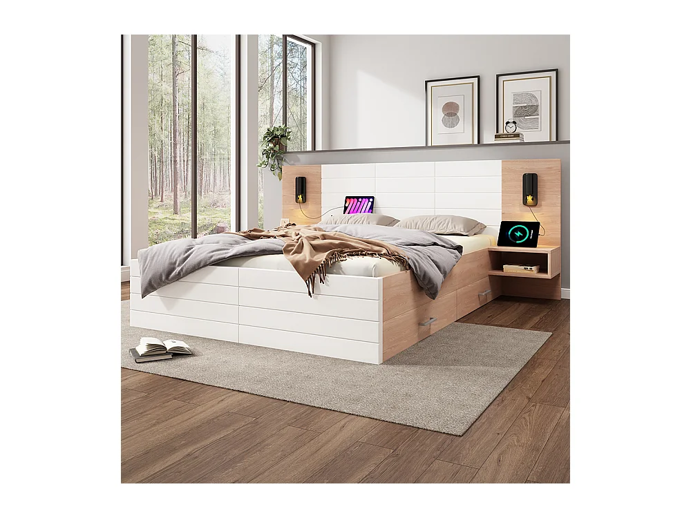 Lit avec rangement 180 x 200 cm avec 2 tiroirs tête de lit avec lumière de lecture et chargement USB incluant 2 chevets sans matelas Blanc