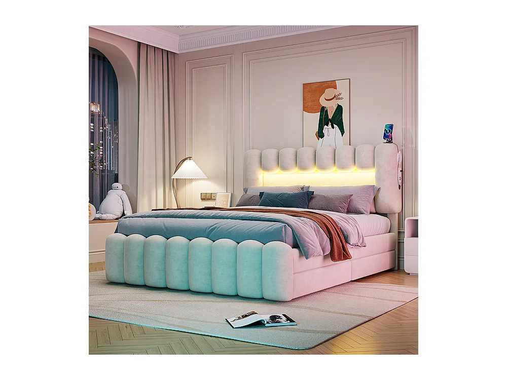Lit avec rangements 160 x 200 cm Sans matelas Avec 4 tiroirs Bande lumineuse LED USB et chaîne stéréo Velvet Beige
