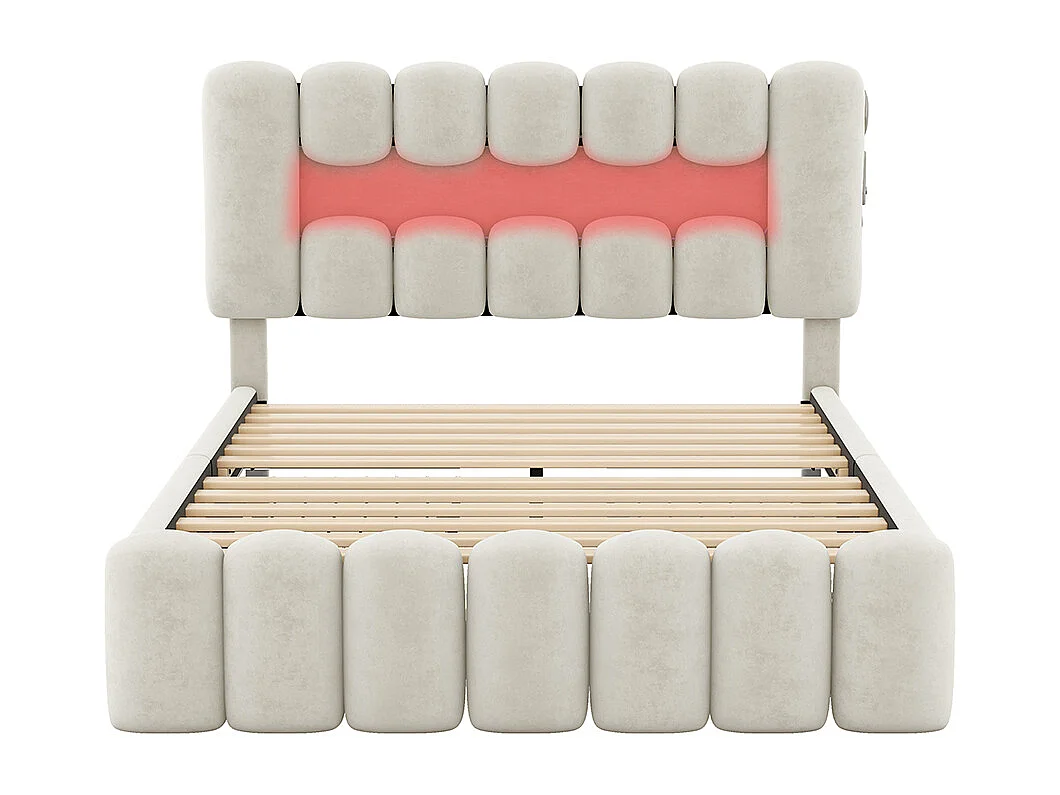 Lit avec rangements 160 x 200 cm Sans matelas Avec 4 tiroirs Bande lumineuse LED USB et chaîne stéréo Velvet Beige