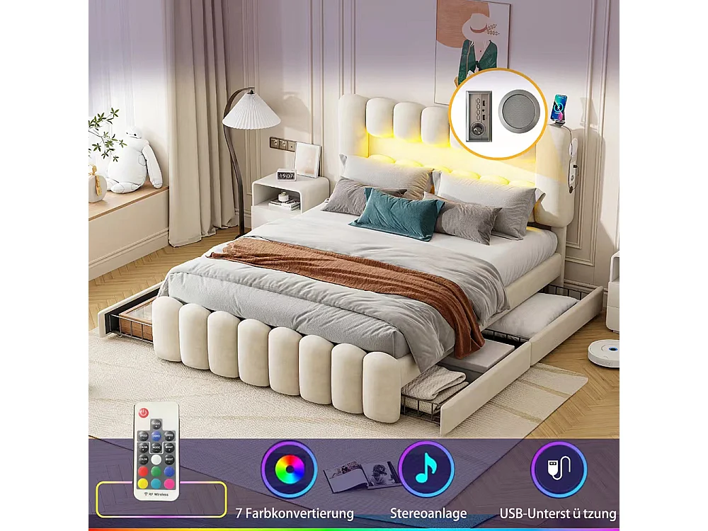 Lit avec rangements 160 x 200 cm Sans matelas Avec 4 tiroirs Bande lumineuse LED USB et chaîne stéréo Velvet Beige