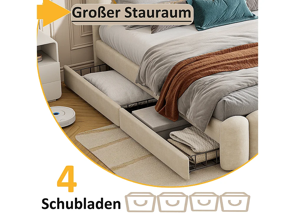 Lit avec rangements 160 x 200 cm Sans matelas Avec 4 tiroirs Bande lumineuse LED USB et chaîne stéréo Velvet Beige