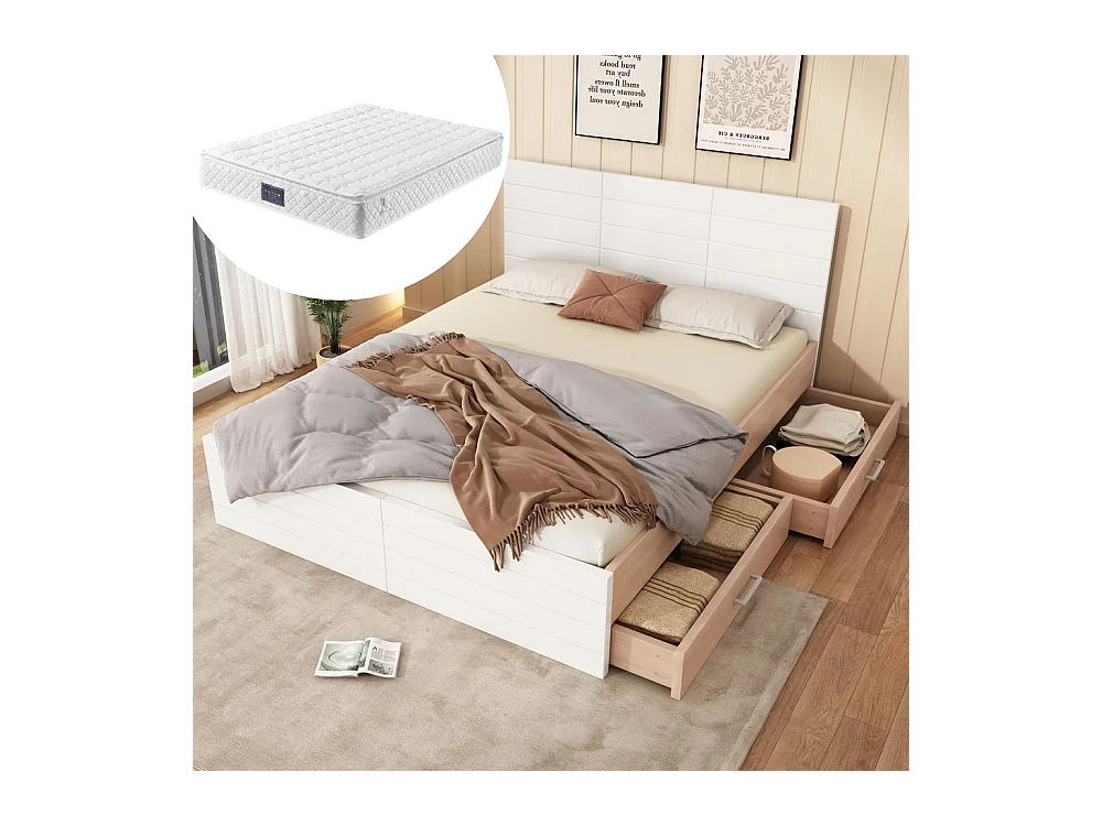 Lit avec rangement 160 x 200 cm avec 2 tiroirs cadre et sommier à lattes Avec matelas Blanc