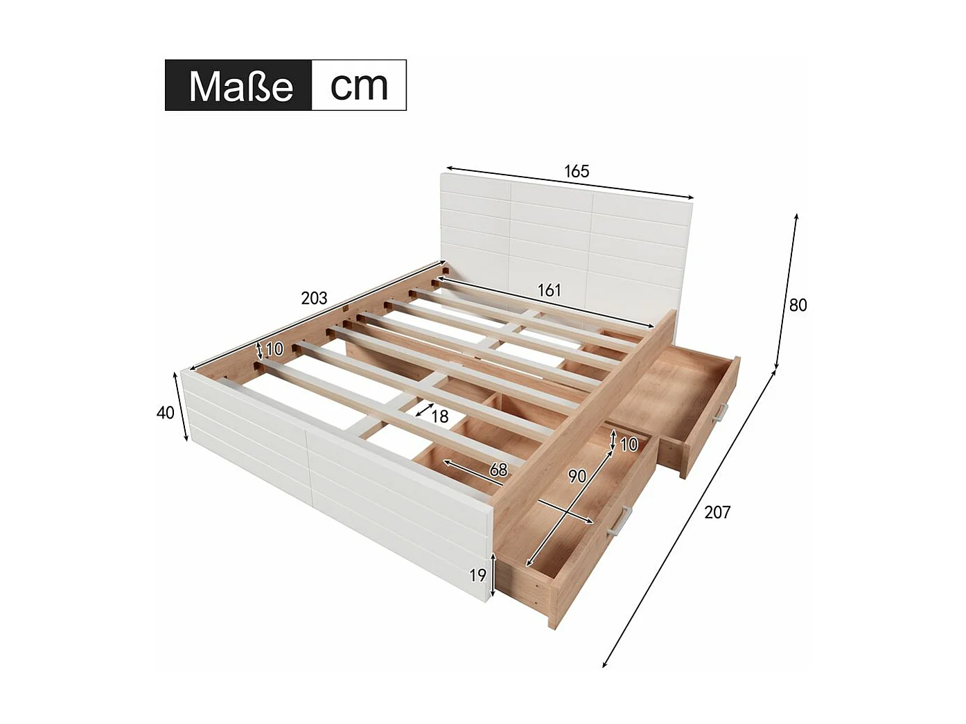 Lit avec rangement 160 x 200 cm avec 2 tiroirs cadre et sommier à lattes Avec matelas Blanc