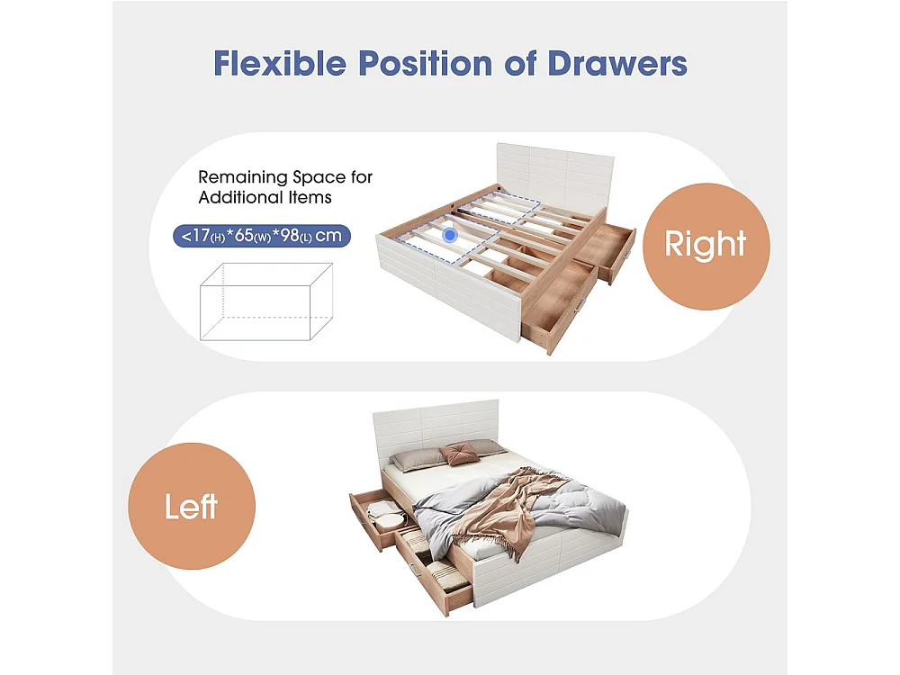 Lit avec rangement 160 x 200 cm avec 2 tiroirs cadre et sommier à lattes Avec matelas Blanc