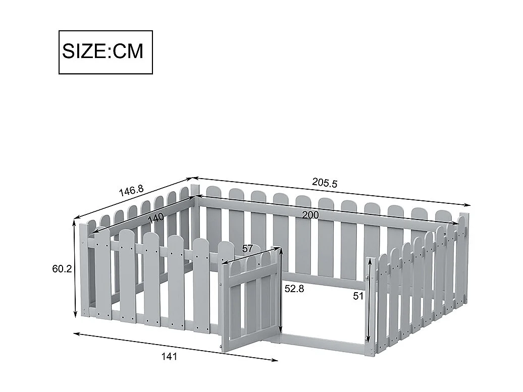 Lit enfant 140 x 200 cm cadre en bois avec bordure et porte Gris