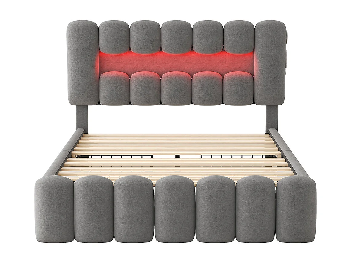 Lit avec rangements 160 x 200 cm Sans matelas Avec 4 tiroirs Bande lumineuse LED USB et chaîne hi-fi velours Gris