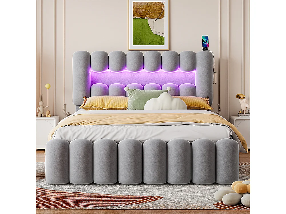 Lit avec rangements 160 x 200 cm Sans matelas Avec 4 tiroirs Bande lumineuse LED USB et chaîne hi-fi velours Gris