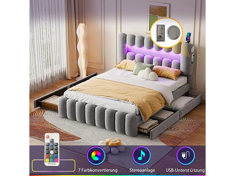 Lit avec rangements 160 x 200 cm Sans matelas Avec 4 tiroirs Bande lumineuse LED USB et chaîne hi-fi velours Gris