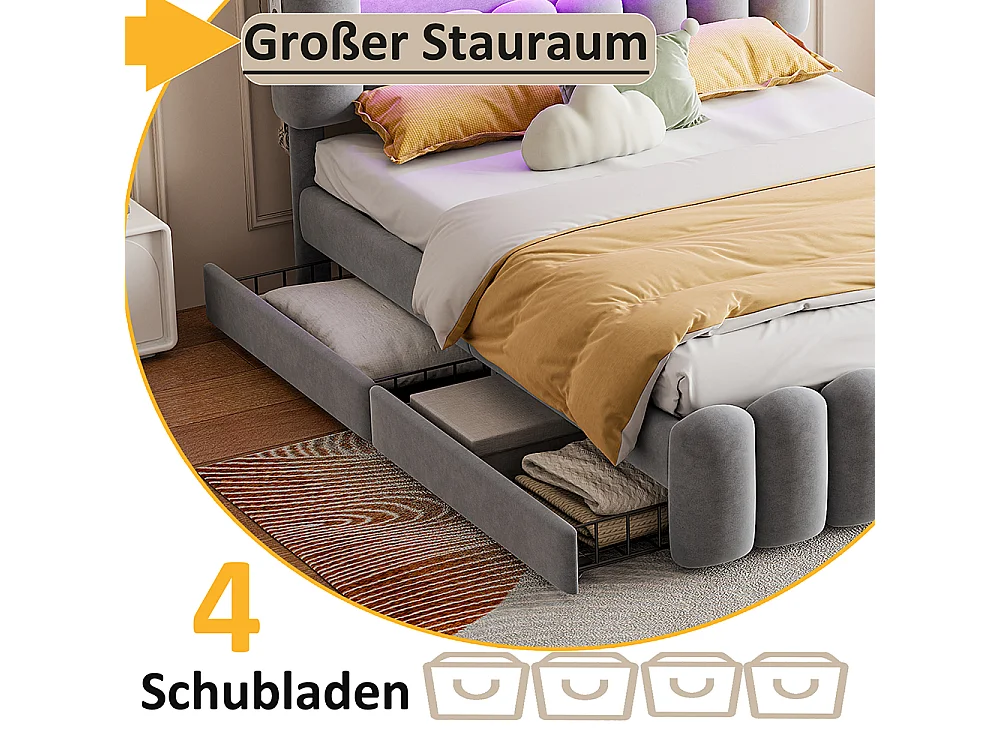Lit avec rangements 160 x 200 cm Sans matelas Avec 4 tiroirs Bande lumineuse LED USB et chaîne hi-fi velours Gris