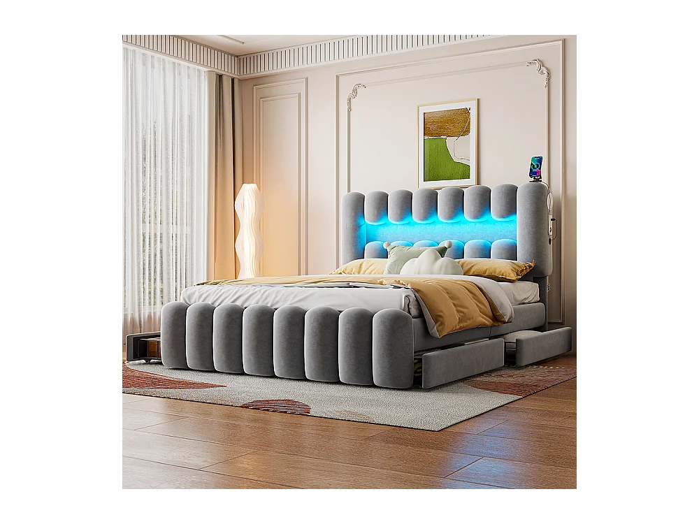Lit avec rangements 160 x 200 cm Sans matelas Avec 4 tiroirs Bande lumineuse LED USB et chaîne hi-fi velours Gris