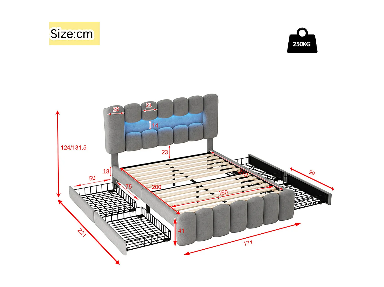 Lit avec rangements 160 x 200 cm Sans matelas Avec 4 tiroirs Bande lumineuse LED USB et chaîne hi-fi velours Gris