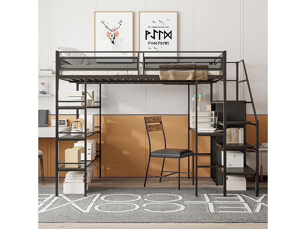 Cadre de lit 140x200 cm avec étagère trois couches bureau armoire marches de sécurité compartiment rangement clôture haute lit en fer Noir