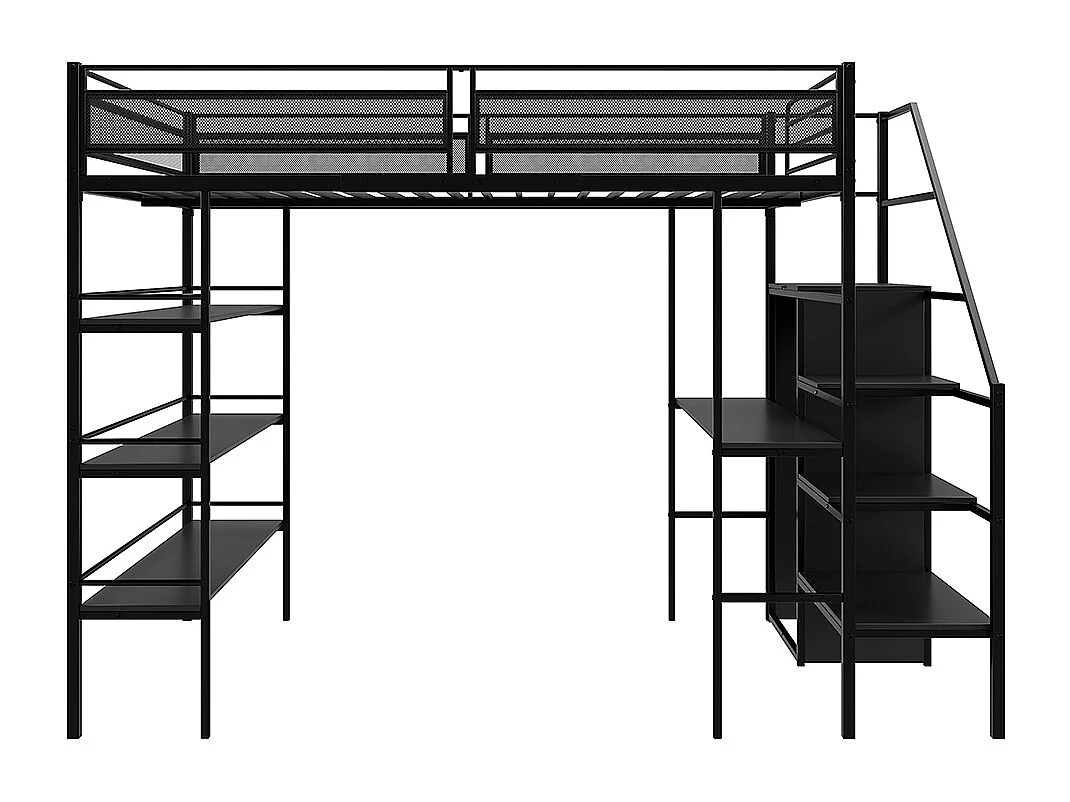 Cadre de lit 140x200 cm avec étagère trois couches bureau armoire marches de sécurité compartiment rangement clôture haute lit en fer Noir