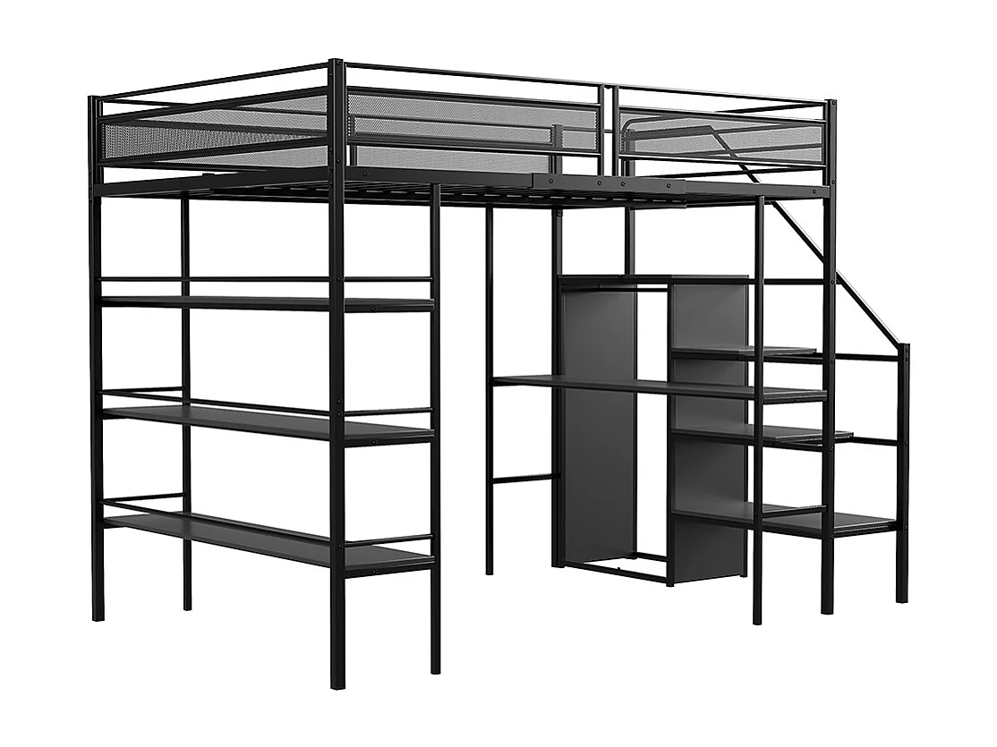 Cadre de lit 140x200 cm avec étagère trois couches bureau armoire marches de sécurité compartiment rangement clôture haute lit en fer Noir