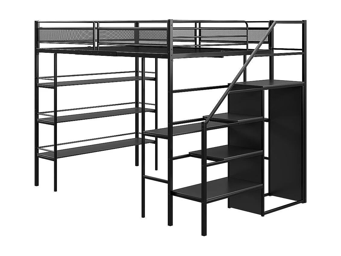 Cadre de lit 140x200 cm avec étagère trois couches bureau armoire marches de sécurité compartiment rangement clôture haute lit en fer Noir