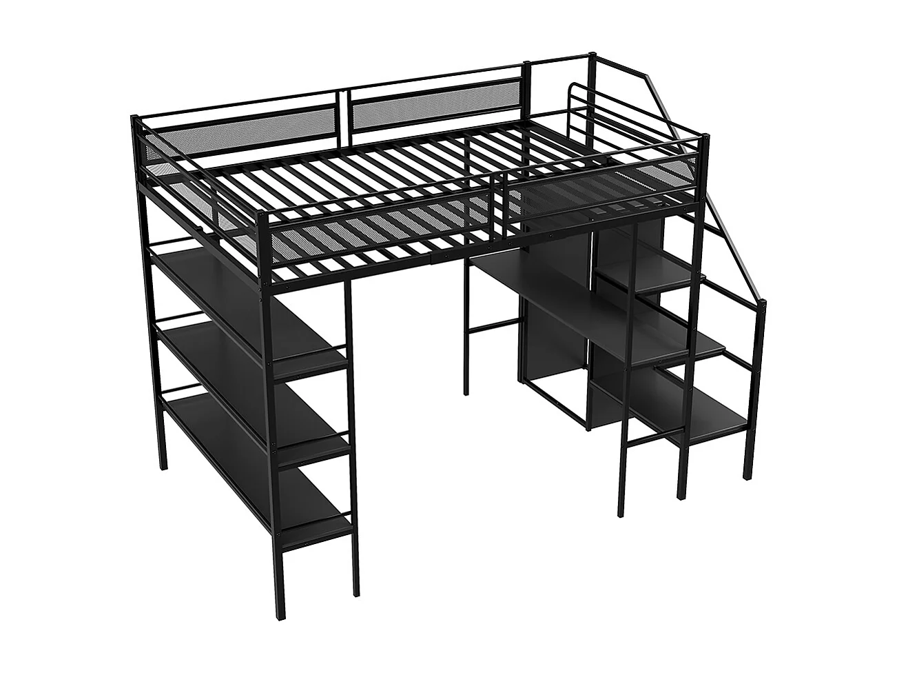 Cadre de lit 140x200 cm avec étagère trois couches bureau armoire marches de sécurité compartiment rangement clôture haute lit en fer Noir