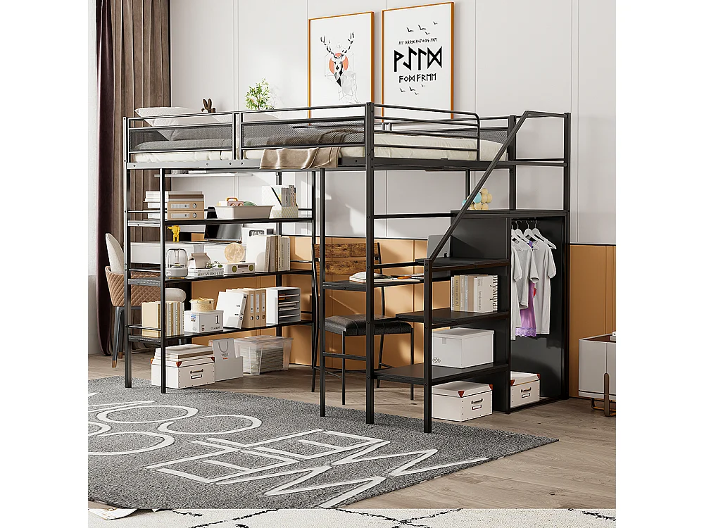 Cadre de lit 140x200 cm avec étagère trois couches bureau armoire marches de sécurité compartiment rangement clôture haute lit en fer Noir