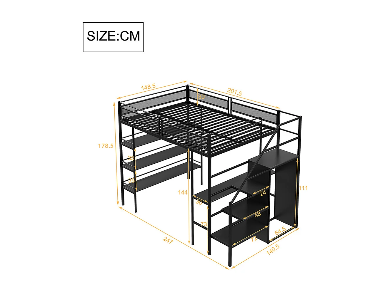 Cadre de lit 140x200 cm avec étagère trois couches bureau armoire marches de sécurité compartiment rangement clôture haute lit en fer Noir