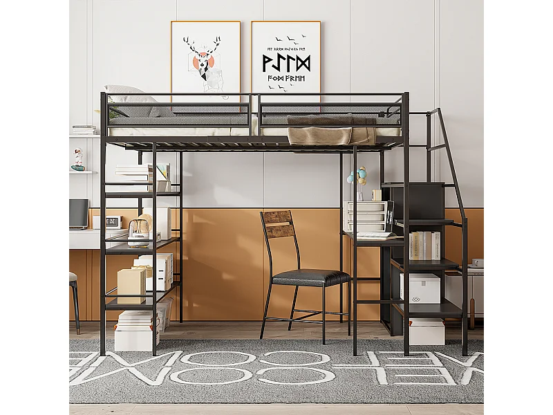 Cadre de lit 140x200 cm avec étagère trois couches bureau armoire marches de sécurité compartiment rangement clôture haute lit en fer Noir