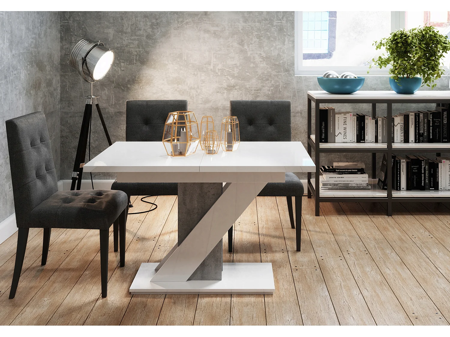 TABLE A MANGER EXTENSIBLE EVAN - BLANC LAQUE ET BETON 120 - 160 CM