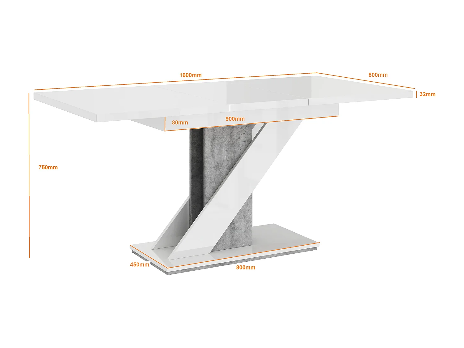 TABLE A MANGER EXTENSIBLE EVAN - BLANC LAQUE ET BETON 120 - 160 CM