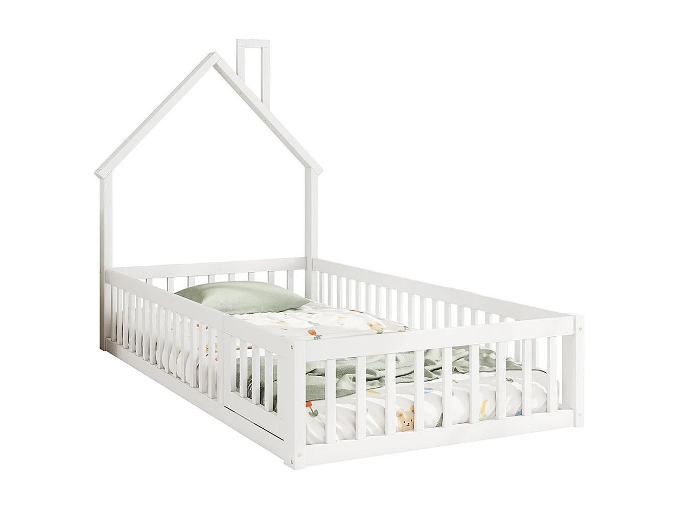 Lit cabane 90 x 200 cm Forme cheminée Sommier à lattes Sans matelas Pin Blanc