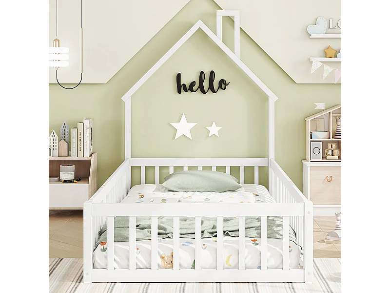 Lit cabane 90 x 200 cm Forme cheminée Sommier à lattes Sans matelas Pin Blanc