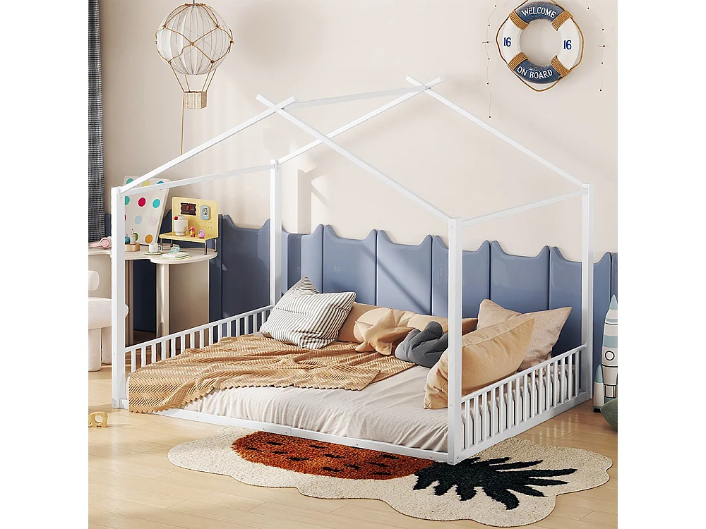 Lit cabane 140 x 200 cm Cadre de lit en fer Style maison Sans matelas Blanc