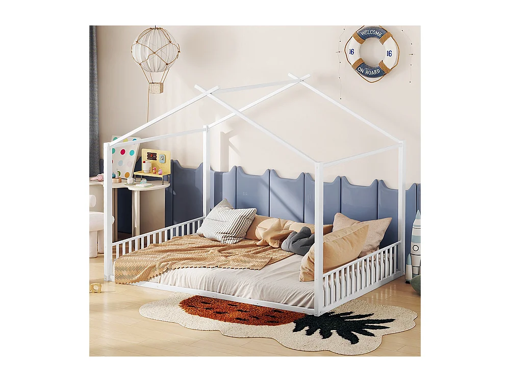 Lit cabane 140 x 200 cm Cadre de lit en fer Style maison Sans matelas Blanc
