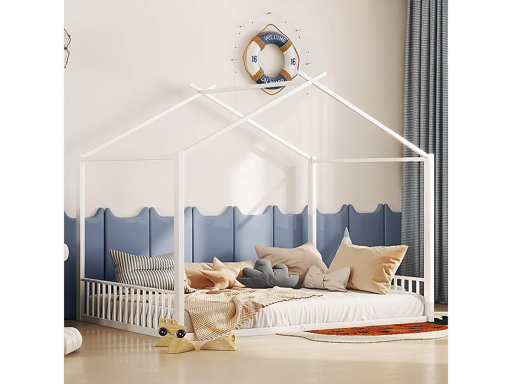 Lit cabane 140 x 200 cm Cadre de lit en fer Style maison Sans matelas Blanc