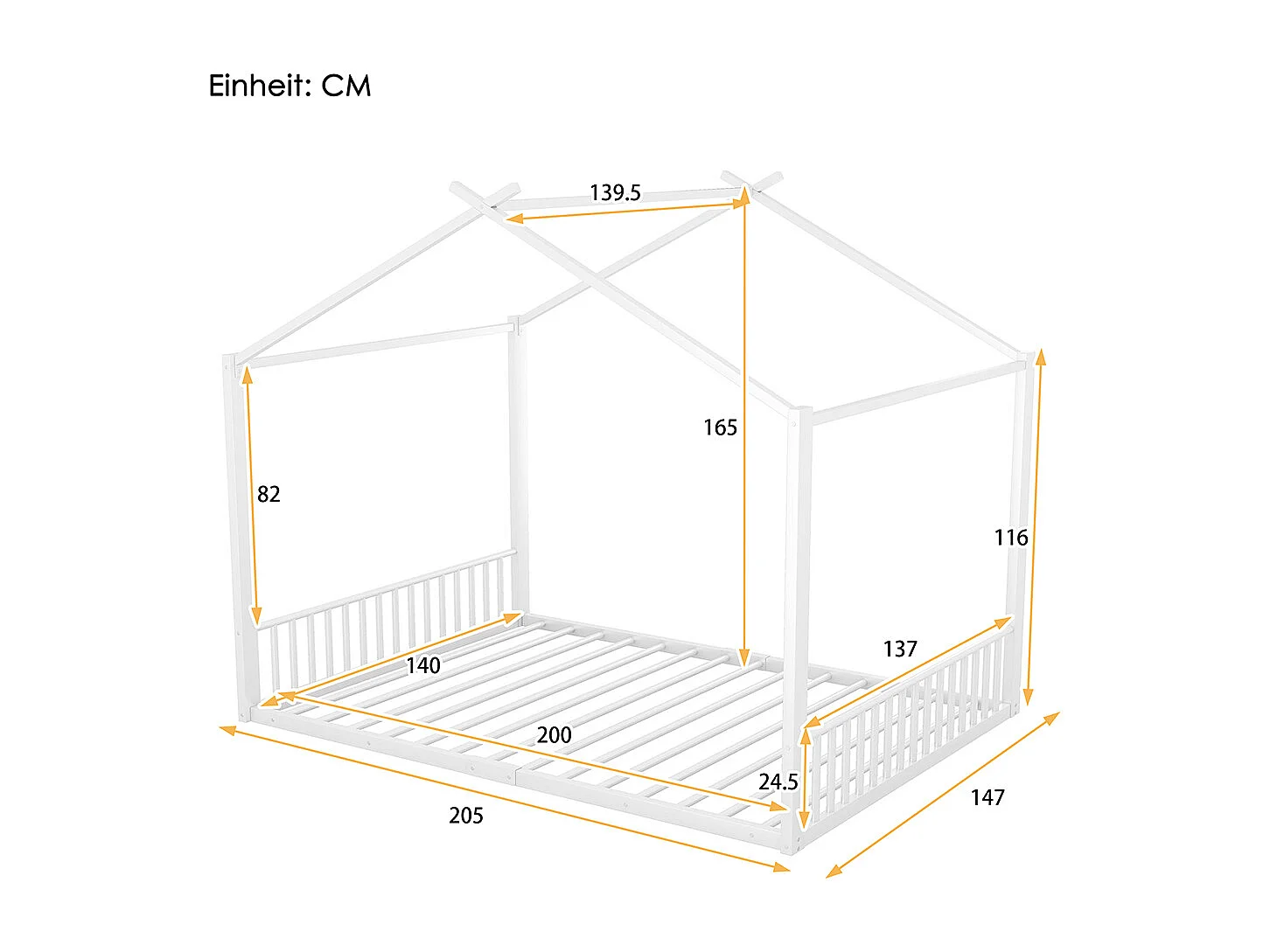 Lit cabane 140 x 200 cm Cadre de lit en fer Style maison Sans matelas Blanc