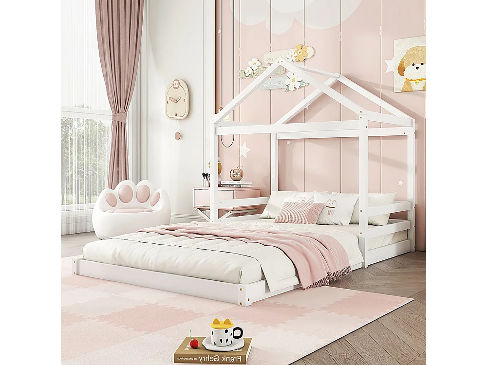 Lit cabane 140 x 200 cm Forme maison Sommier à lattes Sans matelas Pin Blanc