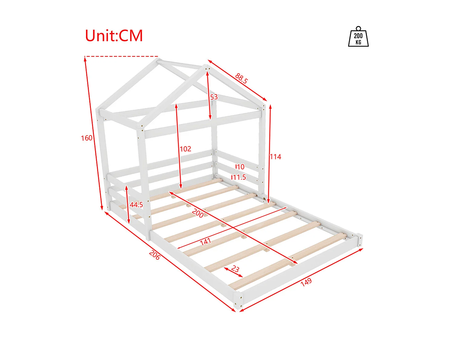 Lit cabane 140 x 200 cm Forme maison Sommier à lattes Sans matelas Pin Blanc