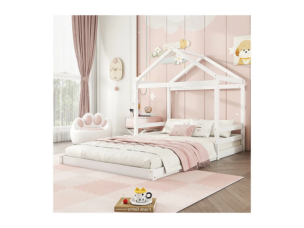Lit cabane 140 x 200 cm Forme maison Sommier à lattes Sans matelas Pin Blanc