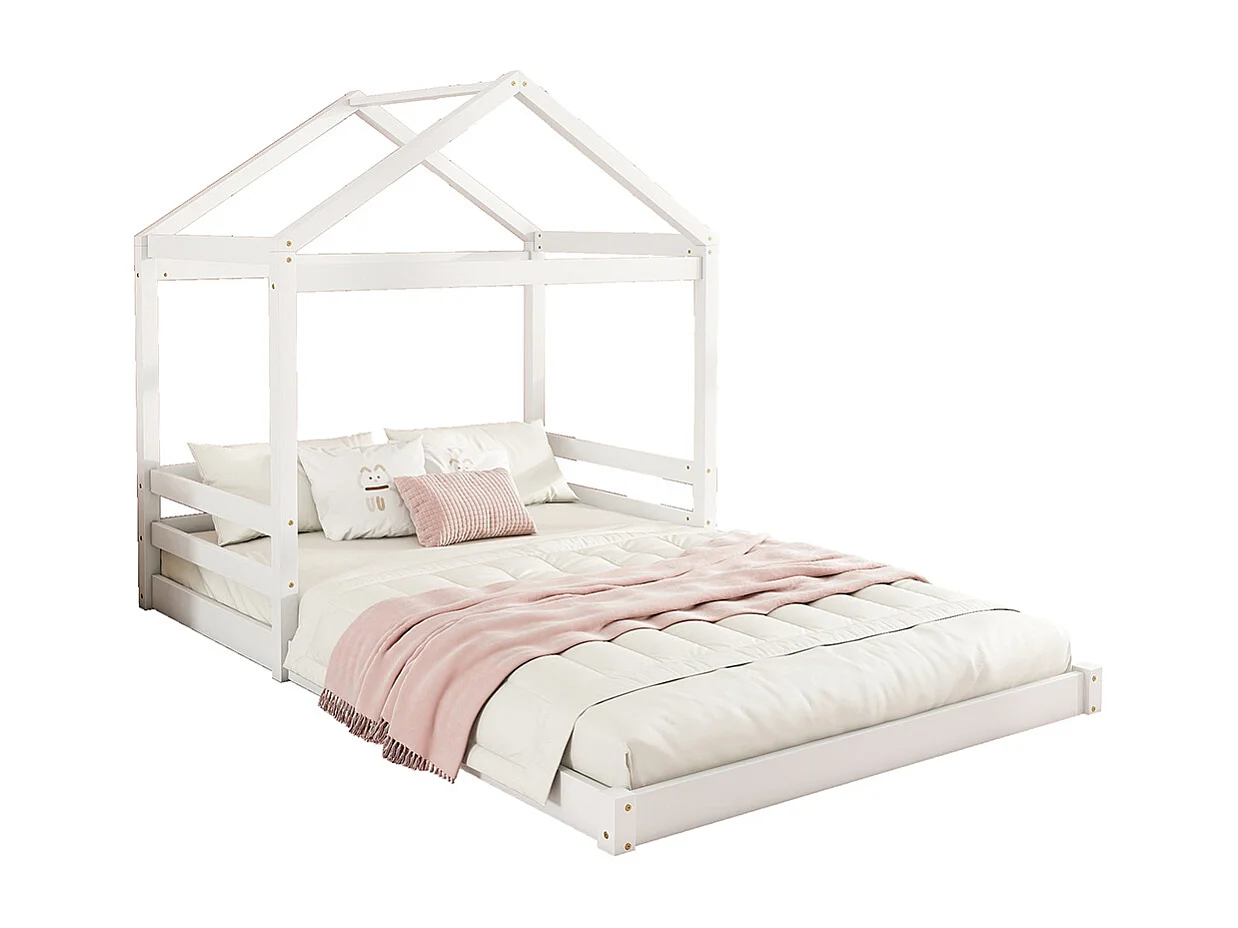 Lit cabane 140 x 200 cm Forme maison Sommier à lattes Sans matelas Pin Blanc