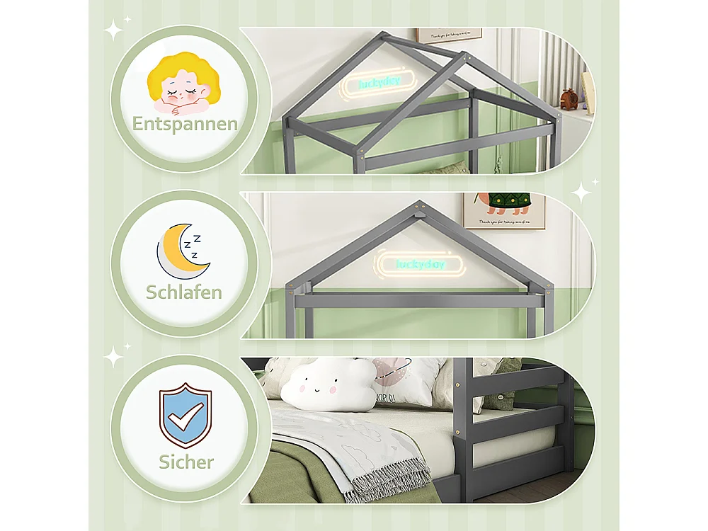 Lit cabane 140 x 200 cm Forme maison Sommier à lattes Sans matelas Pin Gris