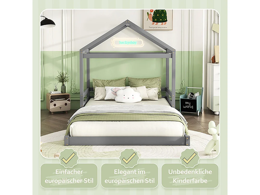 Lit cabane 140 x 200 cm Forme maison Sommier à lattes Sans matelas Pin Gris