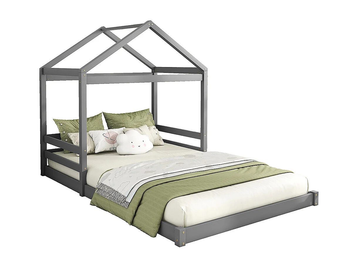 Lit cabane 140 x 200 cm Forme maison Sommier à lattes Sans matelas Pin Gris