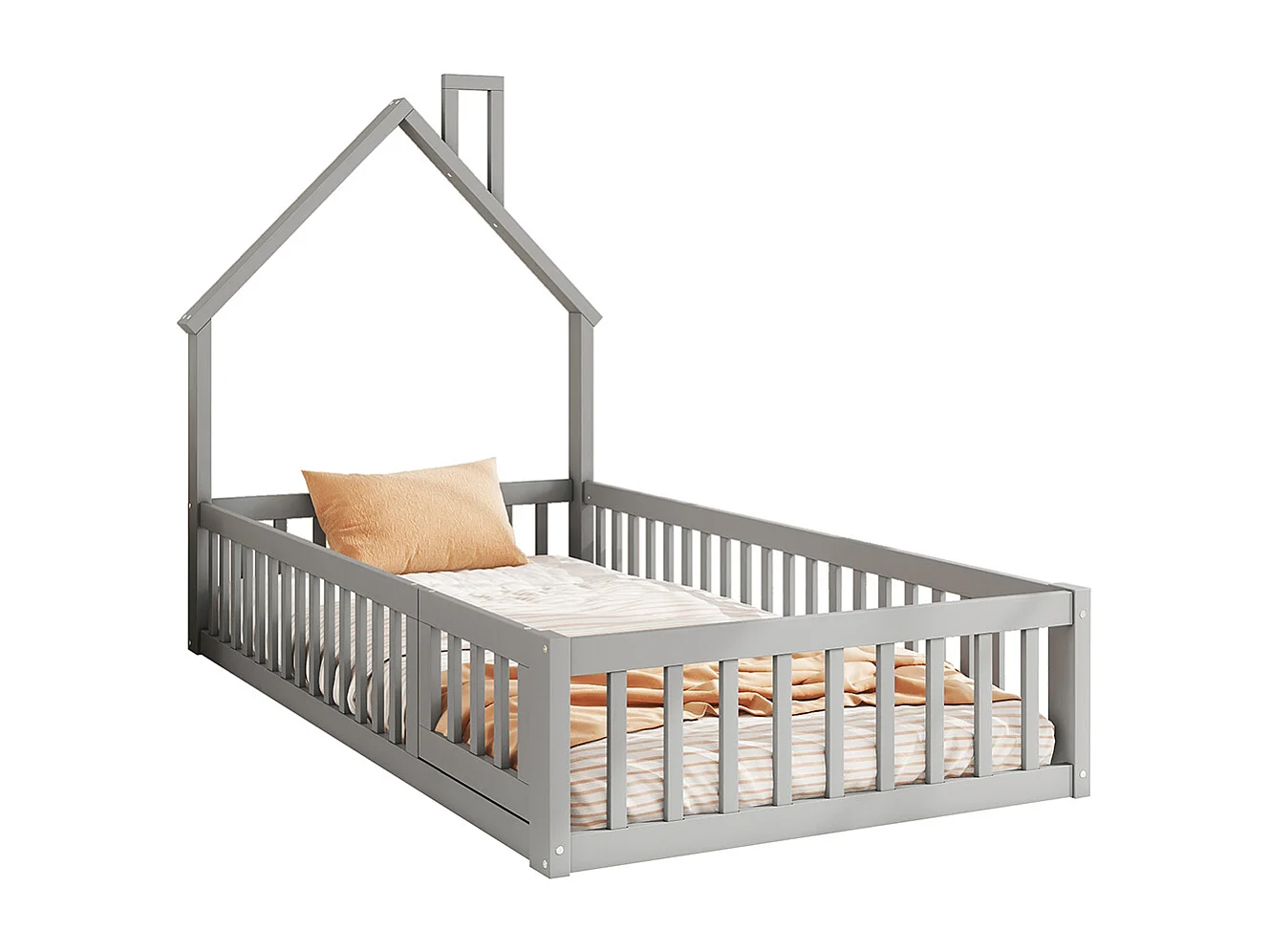 Lit cabane 90 x 200 cm Forme cheminée Sommier à lattes Sans matelas Pin Gris