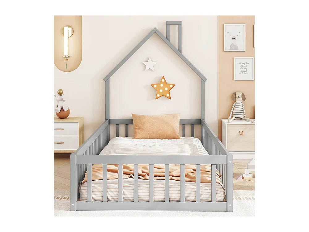 Lit cabane 90 x 200 cm Forme cheminée Sommier à lattes Sans matelas Pin Gris