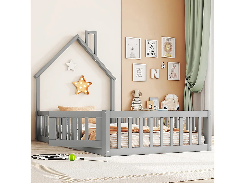 Lit cabane 90 x 200 cm Forme cheminée Sommier à lattes Sans matelas Pin Gris